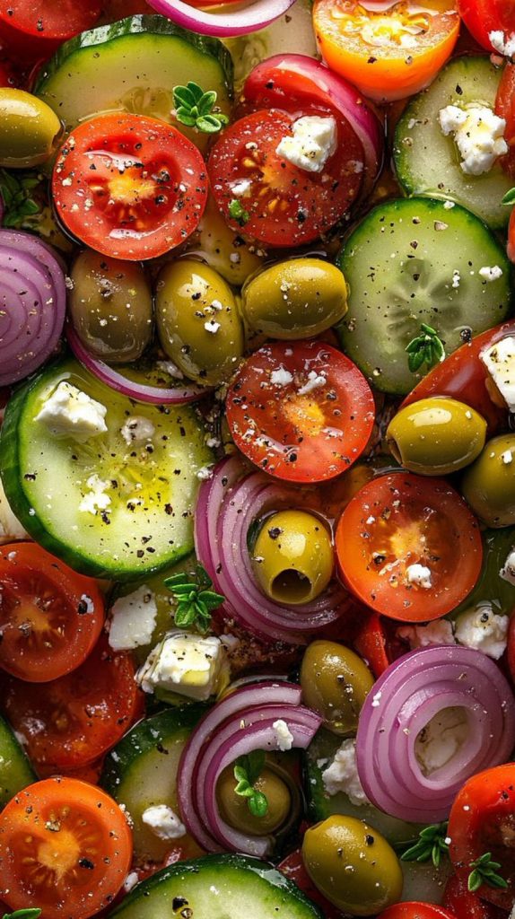 imagen llena de olivas queso feta tomates cebolla y pepino